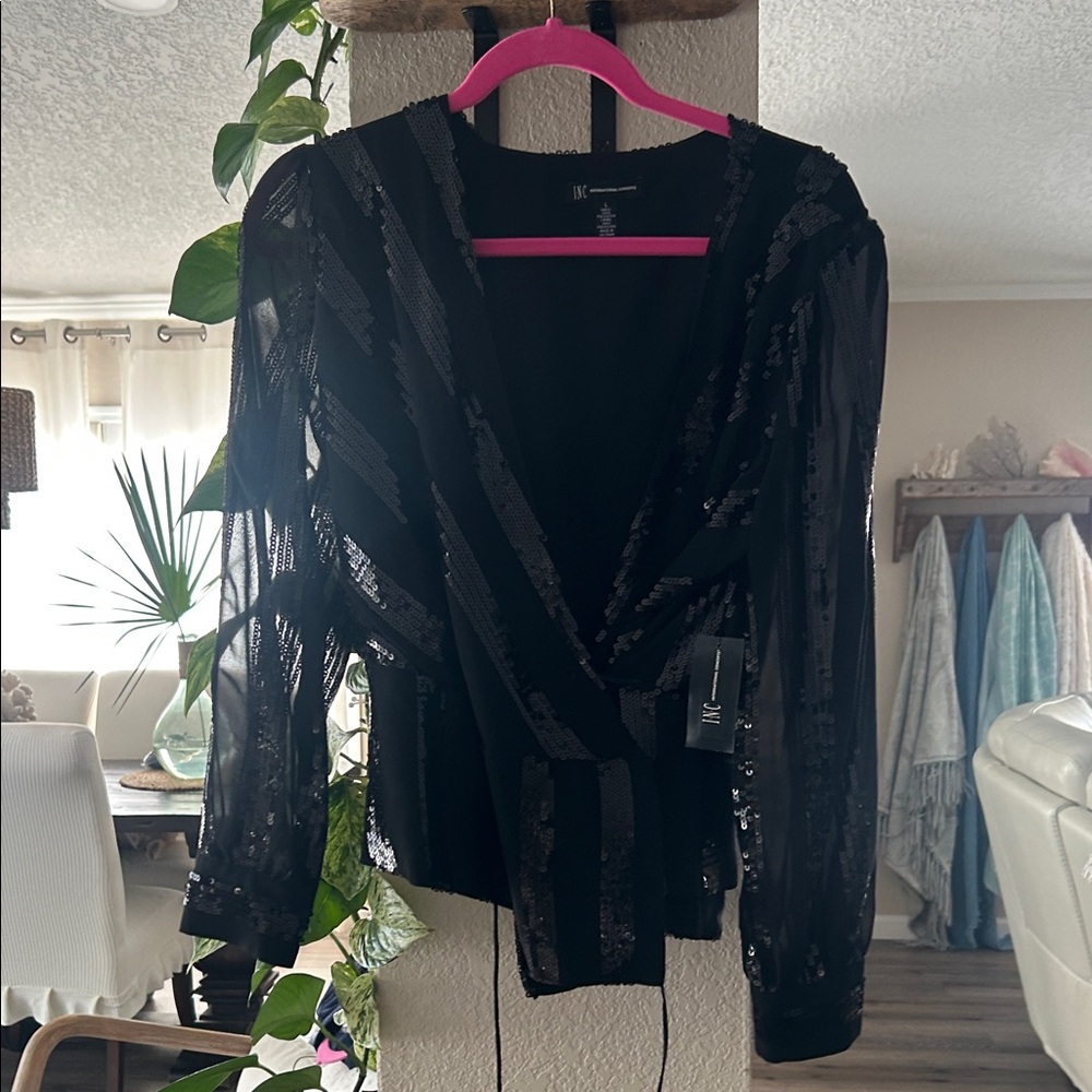 INC International Concepts Black Sequin Wrap Blouse